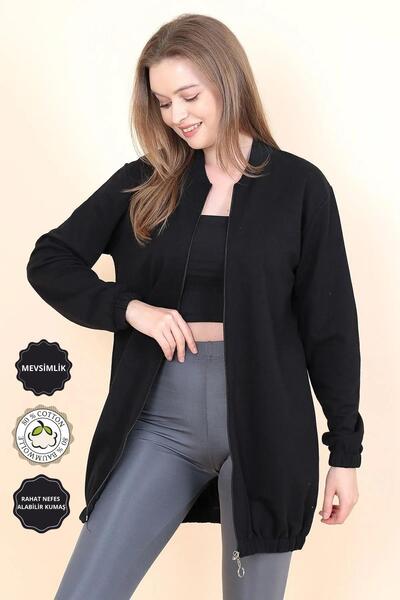 ABS FASHİON Kadın Siyah Iki Ip Fermuarlı Hırka Tunik