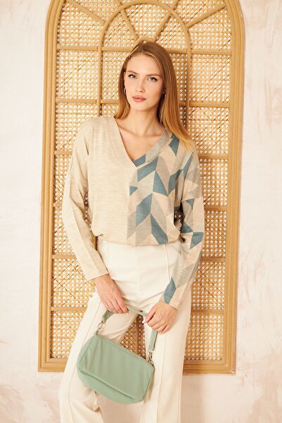 Pasaklı Giyim Pulover supradimensionat acrilic cu decolteu în V, verde petrol, bej 3481200