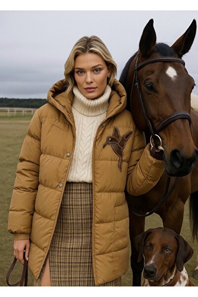 GZ Design Deri Üzeri Kuş Figürlü Krem Şişme Mont