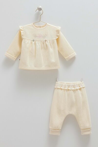 Caramell Soft Style Girl Fluffy Knitwear Bottom and Top Set Ecru