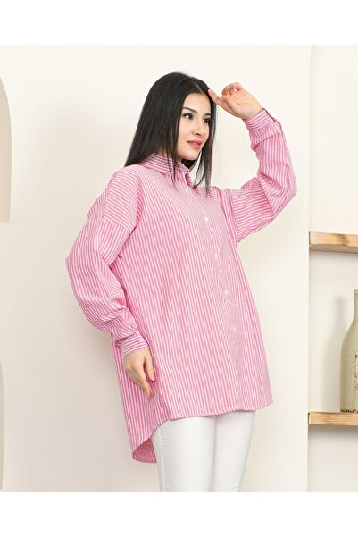 ABS FASHİON Kadın Fuşya Çizgili Oversize Tunik Gömlek