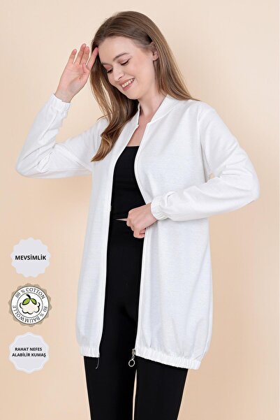 ABS FASHİON Kadın Beyaz Iki Ip Fermuarlı Hırka Tunik