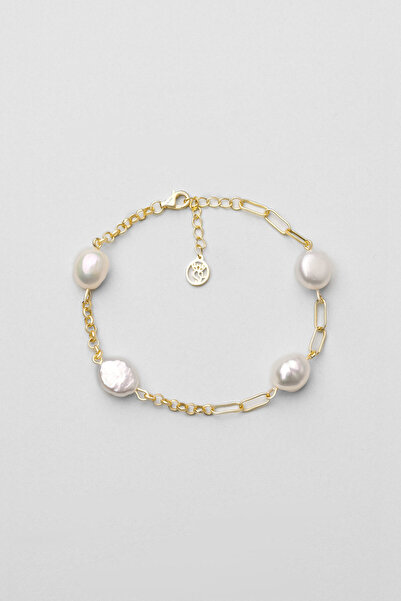 So CHIC... Doğal İnci Taşlı 18 Ayar Sarı Altın Kaplama 21 Cm Gümüş Zincir Bileklik