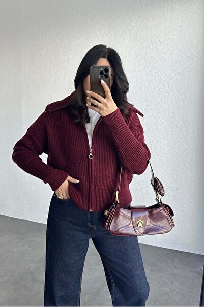 Nopen Knitwear Bordo Devrik Yaka Fermuarlı Triko Hırka