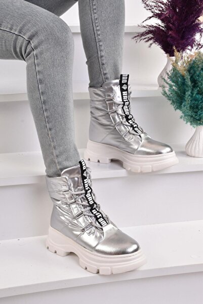 MODAONN Γυναικείες μπότες με κορδόνια σε ασημί χρώμα