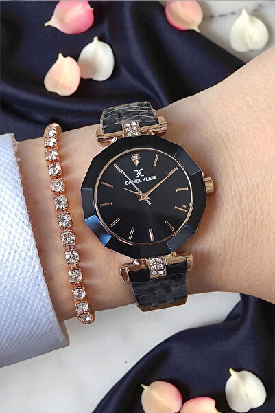 Daniel Klein 30 mm Kesme Camlı, Taşlı, 3 ATM Su Geçirmez Rose/Siyah Kadın Kol Saati, Taşlı Bileklik Hediyeli