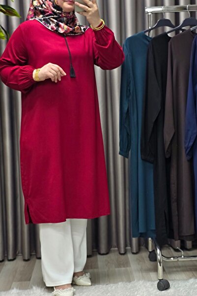 Elmas Tesettür Kadın Tesettür Giyim Büyük Beden Tek Renk İpli Tunik