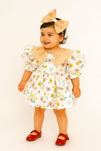 Hobidik Bebeluş Fetiţă Copil Rochie Florală de in portocaliu cu guler festonat