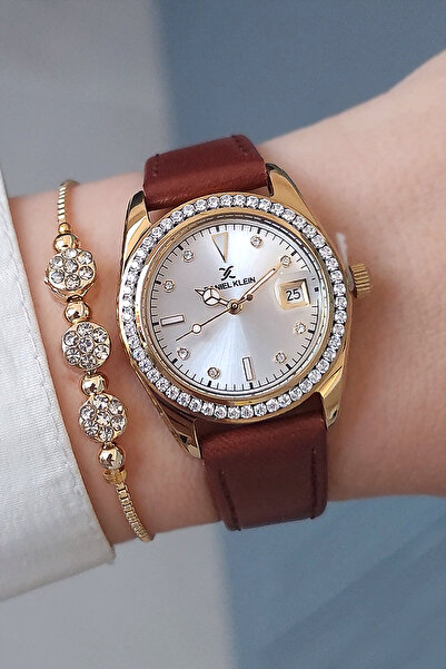 Daniel Klein Women's Wristwatch with Brown Leather Strap - Jewelled Bracelet Gift, Calendar and Golden Yellow
