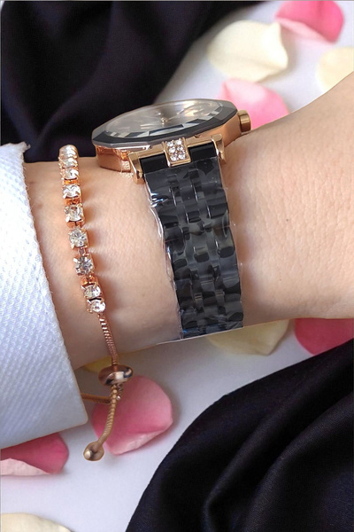 Daniel Klein 30 mm Kesme Camlı, Taşlı, 3 ATM Su Geçirmez Rose/Siyah Kadın Kol Saati, Taşlı Bileklik Hediyeli