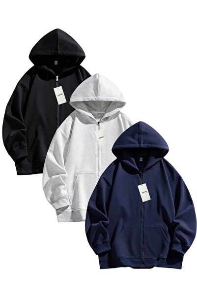 pandy 3'lü Cep Fermuları 2 İplik Şardonlu Oversize Unisex Fermuarlı Sweatshir...