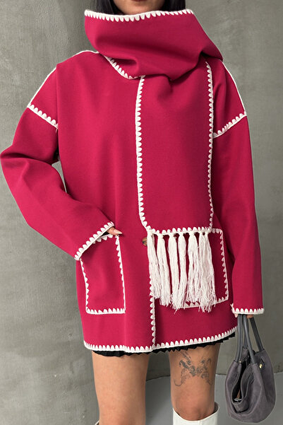 ALFUDO Moda Collection Embroidered soft knit cardigan jacket with scarf detail - fuchsia
