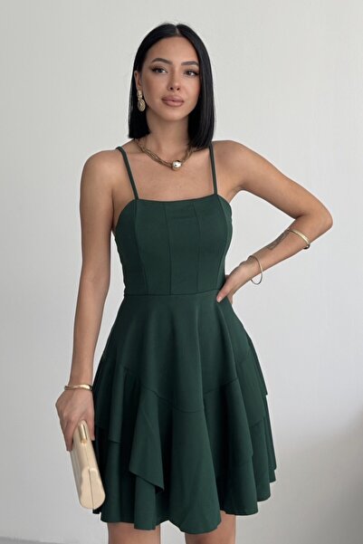 ALFUDO Moda Collection Ince Askılı Eteği Kat Detay Zümrüt Abiye Mezuniyet Elbisesi