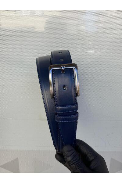 Gesa Men's Faux Leather Classic Stitching Navy Blue Belt 3.5 cm