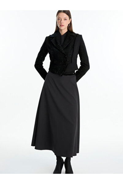 Zühre Women's Tweed Patterned Jacket Skirt Two-Piece Black Set Tk-1661