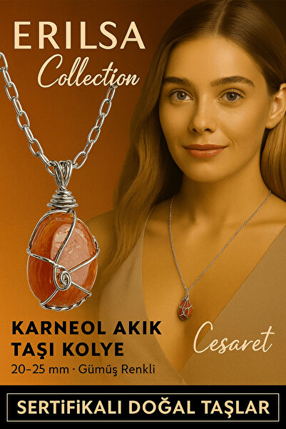 Tesbih Atölyesi Sertifikalı Gümüş Tel Sargılı Karneol (Karnelyan) Akik Taşı Kolye – 20-25 mm Enerji ve Tutku Taşı