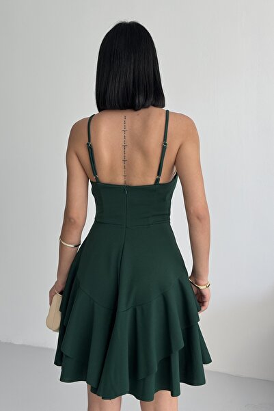 ALFUDO Moda Collection Ince Askılı Eteği Kat Detay Zümrüt Abiye Mezuniyet Elbisesi