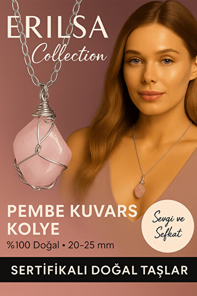 Tesbih Atölyesi قلادة من حجر الكوارتز الوردي ملفوفة بسلك فضي معتمد - حجر الحب...