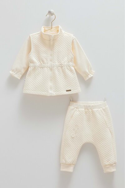 Caramell Love Hugs Flower-Detail Vested Three-Piece Top and Bottom Set Ecru