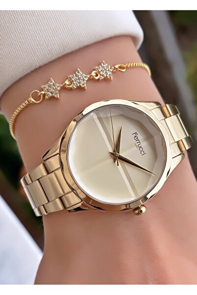 Ferrucci ساعة يد نسائية بحبل فولاذي ذهبي اللون - سوار