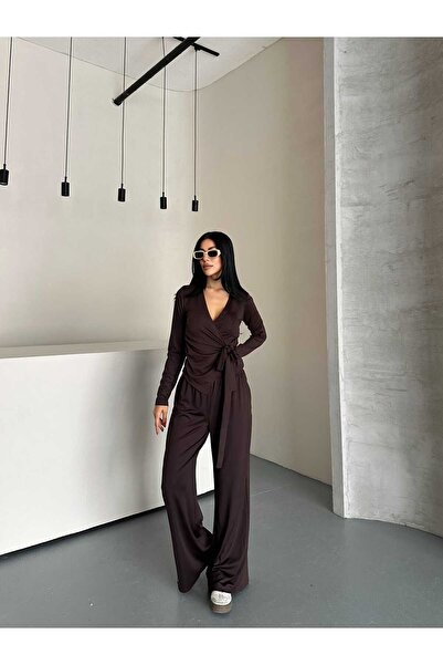 Lovely butik Women's Double Breasted Collar Tie-Up Long Sleeve Blouse and Wide-Let Pants Two-Piece Set