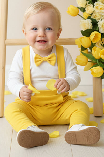 Parla Kids Erkek Çocuk Sarı Papyonlu Bisiklet Yaka Body Tulum Salopet Smokin Takım