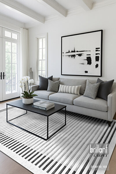 Brillant GRİ Renk Çizgi Desenli Kaymaz Taban Sisal Görünüm Yolluk Halı