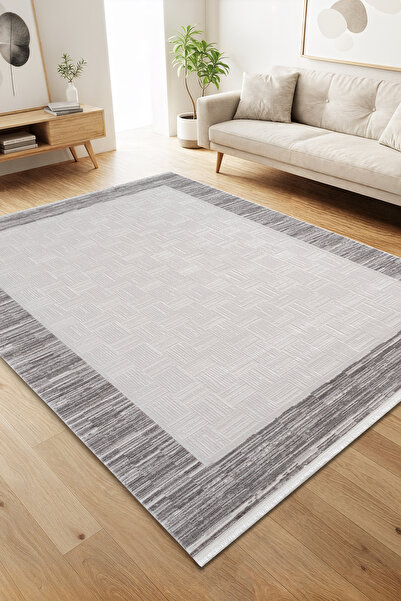 Karmen Halı Jade JD003G Gri Halı Modern Çerçeve Desenli Triko Akrilik Pamuk T...