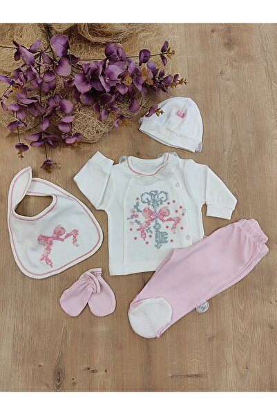 Tomuycuk Newborn Baby Girl Cross-Stitch Embroidered 5-Piece Hospital Release Set 100% Cotton Seasonal Set