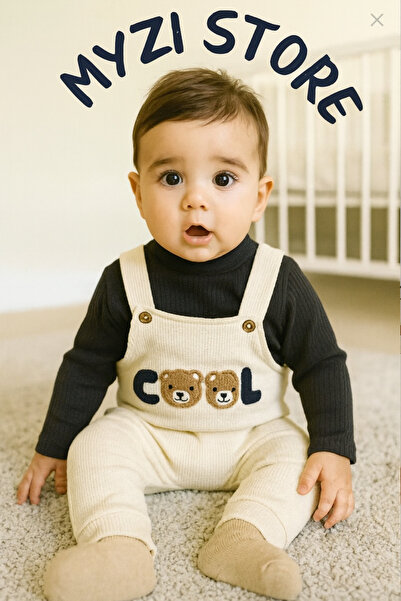 MYZİ STORE Baby Cotton 2-Piece Set – Teddy Bear Detailed Long Sleeve T-Shirt and Salopet