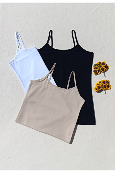 siyalife 3'lü Basic İp Askı Likralı Siyah, Beyaz, Ten Kadın Atlet