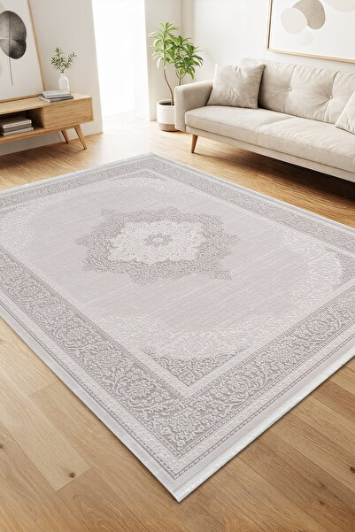 Karmen Halı Jade JD004G Gri Halı Klasik Çerçeve Desenli Triko Akrilik Pamuk T...