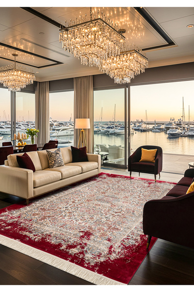 Karmen Halı Diamente DM005J Krem Kırmızı Çerçeveli Halı Modern Klasik Desen 1...