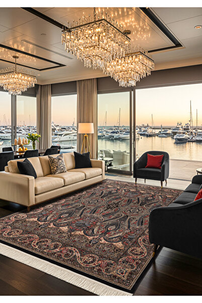 Karmen Halı Diamente DM001R Bej Siyah Çerçeveli Klasik Desen 100 Tarak Bambu ...