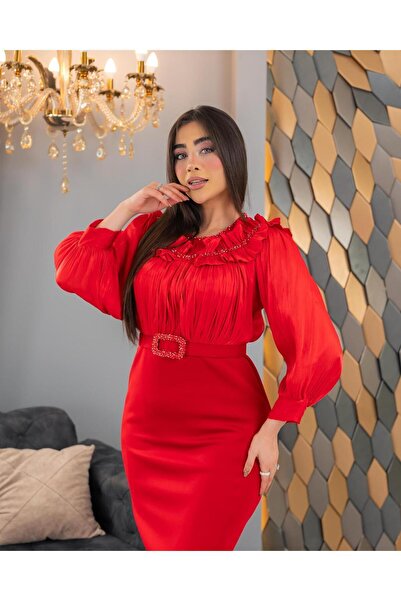 CAREZZA Mirellé - Fırfır Yaka Taş Kemerli Abiye Elbise - Kırmızı