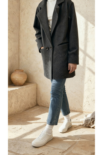 CurcunaShop Dámský antracitový kabát s rybím vzorem a oversize střihem