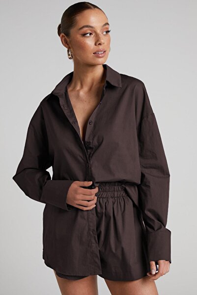 Seeh Kahverengi Oversize Basic Kadın Gömlek SH268