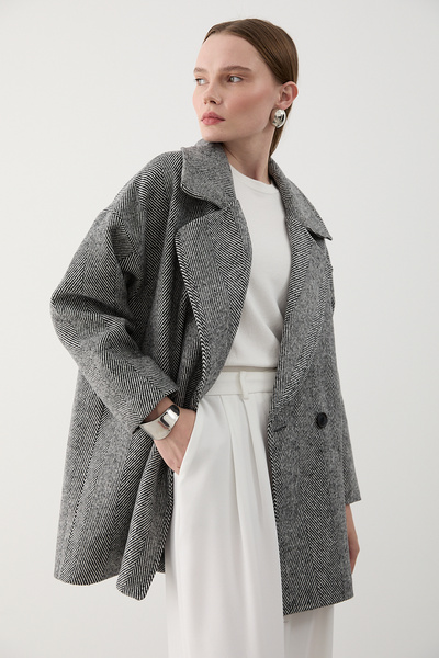 Laluvia Μαύρο παλτό Cashmere Oversize Ψαροκόκκαλο Ποιότητας 1ης Κατηγορίας