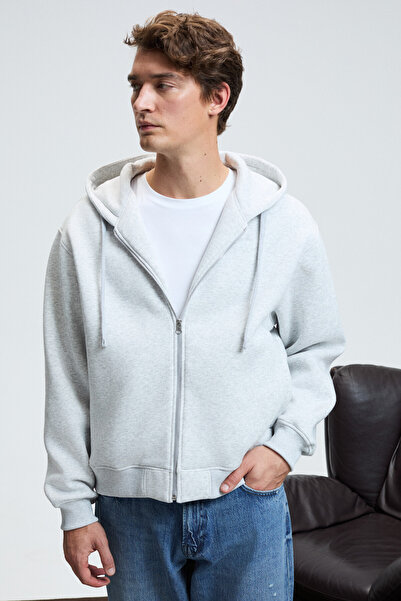 GRIMELANGE Ashby men's hooded zip-up sweatshirt with pockets and drawstring - regular fit - heather grey