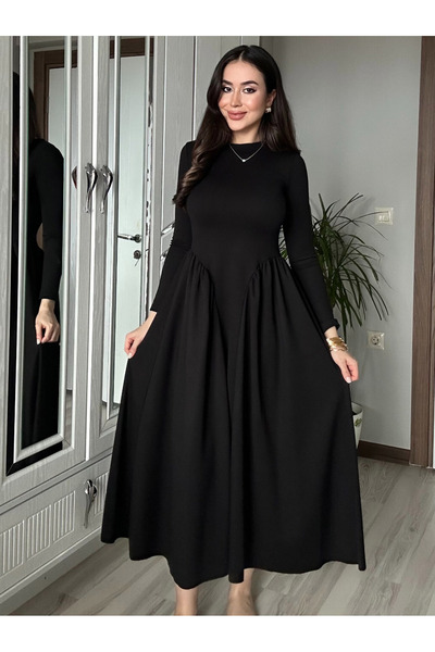 AB LOOKS Kadın Siyah Modal Kumaş Pamuk Korse Görünümlü Uzun Kollu Kloş Çan Uzun Elbise Yeni Sezon