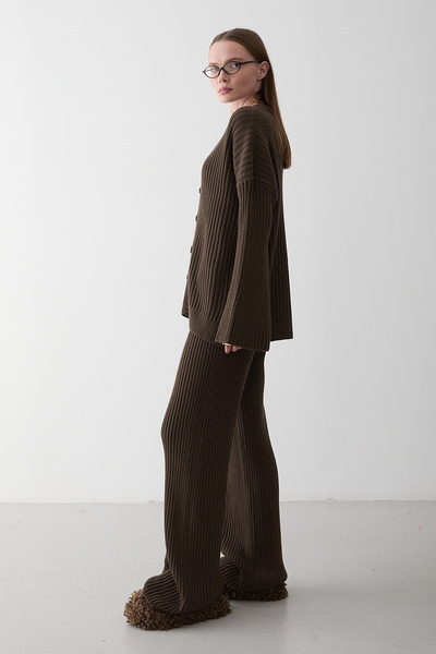 Laluvia Кафяв комплект от плетен кардиган - 4600