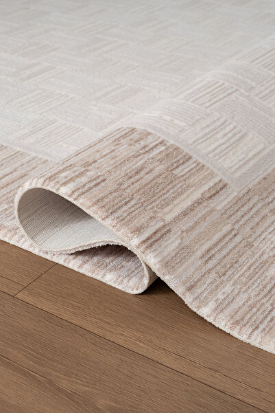 Karmen Halı Jade JD007B Bej Halı Modern Çerçeve Desenli Triko Akrilik Pamuk T...