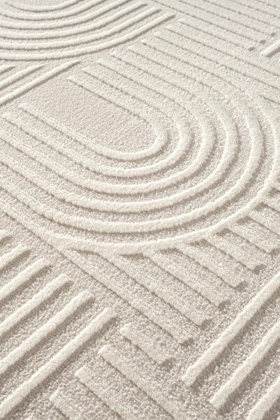 Cotto Home Cotto Motto TT002W Krem Halı Modern Geometrik Çizgili Pamuk Taban Yıkanabilir Salon Mutfak Halısı