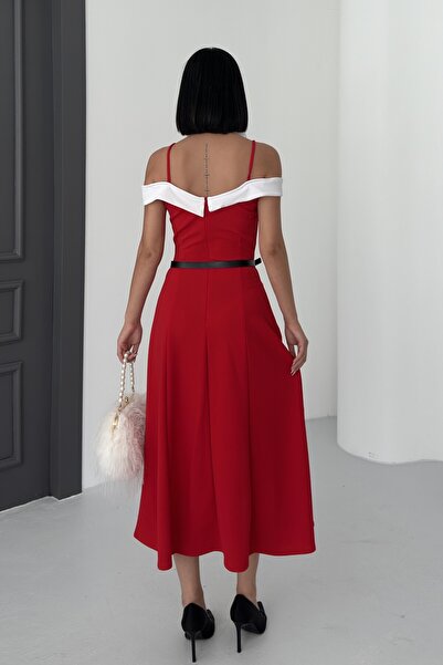 ALFUDO Moda Collection Double Color Midi Belted Red Dress