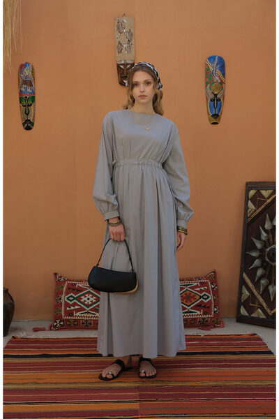 Fatma Atasoy Tünel Büzgülü Gri Pamuk Elbise