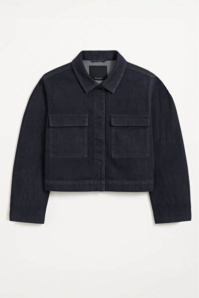 Bluewhite Women's Oversize Navy Blue Denim Jacket Shirt with Pockets