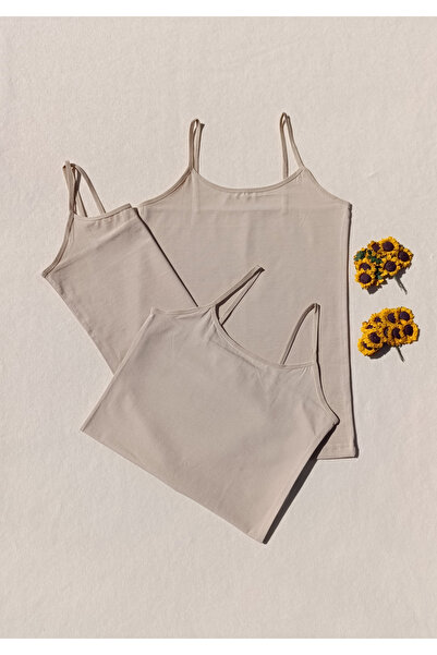 siyalife 3'lü Basic İp Askı Likralı Ten Kadın Atlet