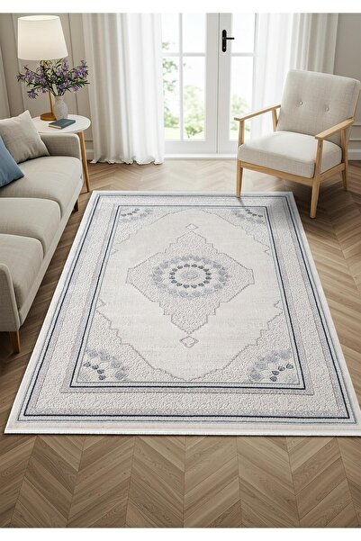 Cotto Home Feel FL008M Krem Halı Klasik Desen Mavi Çerçeveli Akrilik Tozu Az ...