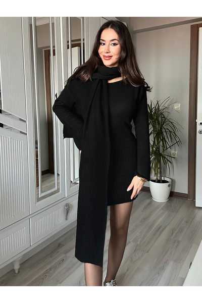 AB LOOKS Kadın Kayık Yaka Kuşaklı ve Atkılı Pamuk Triko Mini Elbise Modern Feminen Kesim Elbise