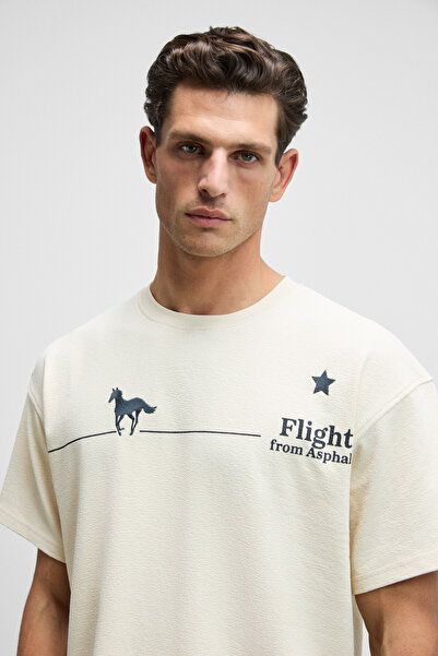 GRIMELANGE Landi Men's Front Embroidered and Printed Back Printed 100% Organic Cotton Crew Neck Oversize Fit Cream